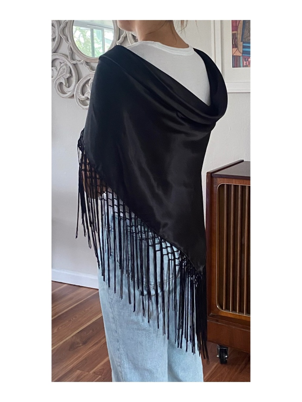 Black Satin Piano Shawl with Long Fringe: Wrap Scarf Pareo Decorative Vintage